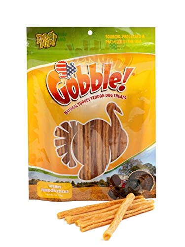 Product Cover Gobble! 6-Inch Turkey Tendon for Dogs, Made in USA, 6 oz. (170g) Reseal Value Bags, All-Natural Hypoallergenic Dog Chew Treat |Sourced, Processed & Packaged in The USA | (Sticks (22-25 Pieces))