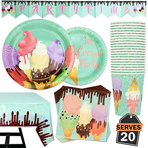 Product Cover 82 Piece Ice Cream Party Supplies Set Including Banner, Plates, Cups, Napkins, and Tablecloth, Serves 20