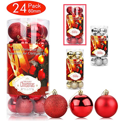 Product Cover Aitsite 24 Pack Christmas Tree Ornaments Set 2.36 inches Mini Shatterproof Holiday Ornaments Balls for Christmas Decorations (Red)