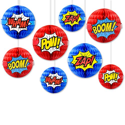 Product Cover Superhero Decorations Superhero Honeycomb Centerpieces Superhero Hanging Paper Honeycomb Ball Decorations Party Decor Superhero Theme Birthday Supplies Table Topper for Girls Birthday Party Decoration (4 Pcs)