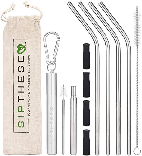 Product Cover SipThese Collapsible Straw With Retractable Cleaning Brush In Keychain. 4 Angled Stainless Steel Straws With Silicone Tips. 1 Straw Cleaning Brush And Travel Bag. Eco Friendly Reusable Straws