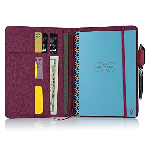 Product Cover Folio Cover for Rocketbook Fusion, Everlast, Wave, Executive Size, Waterproof Fabric, Multi Organizer with Pen Loop, Business Card Holder, Ultra Slim, fits A5 Size Notebook, 9.4 x 6.3 inch, Fuchsia