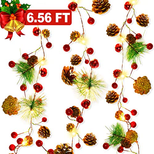 Product Cover Christmas Garland with Lights, Christmas Pinecone Lights Battery Operated 6.56FT 20 LED Red Berry with Pine Cone Xmas Decor Garland Lights Indoor Outdoor Christmas Holiday New Year Decorations