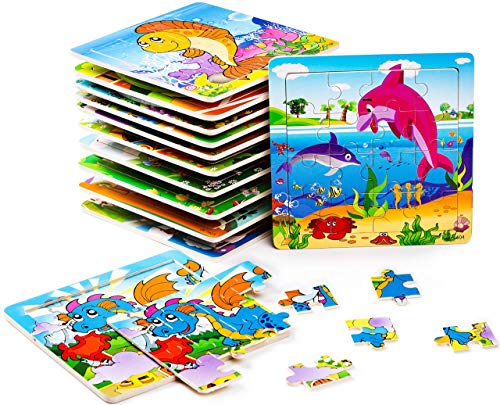 Product Cover BleuZoo 12 Mini Wooden Puzzles for Kids - Party Favors for Children Toddlers Preschool - Dinosaur, Train, Dolphin, Car, Airplane, School Bus, Lion Etc (12 Jigsaw Puzzles)