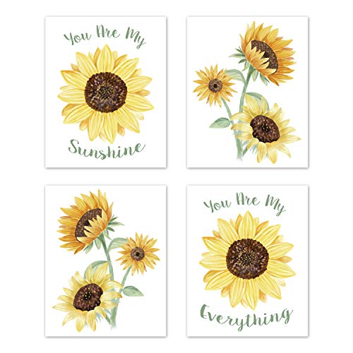 Product Cover Sweet Jojo Designs Yellow, Green and White Sunflower Boho Floral Wall Art Prints Room Decor for Baby, Nursery, and Kids - Set of 4 - Farmhouse Watercolor Flower, You are My Sunshine