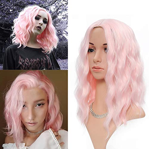 Product Cover Halloween Wigs pink Women's Short Wig Bob Curly Wavy Synthetic Cosplay Wig Pastel Wig for Girl Costume Wigs light pink Color