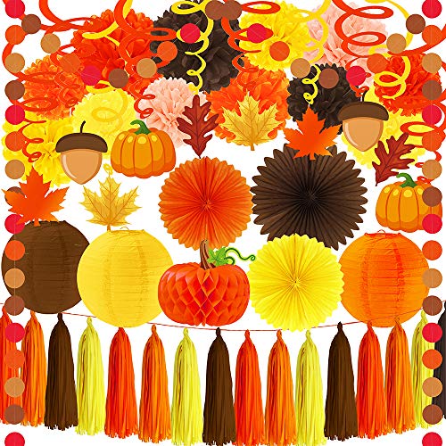 Product Cover Supla 33 Pack Fall Thanksgiving Party Decorations Set - Fall Hanging Maple Leave Pumpkins Swirl Paper Pom Poms Paper Fans Paper Lanterns Tassel Garland Honeycomb Pumpkins Circle Dots Paper Garland