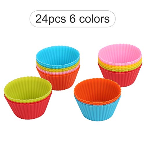 Product Cover Reusable silicone cupcake baking cups, non-stick silicone cupcake liners with shapes round, muffin molds and cupcake, silicone molds set with 24 packs in 6 rainbow colors by Yong