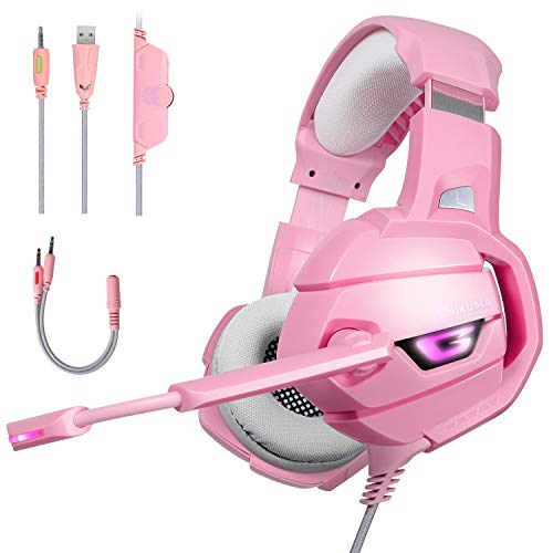 Product Cover Pink Gaming Headset with Mic for PS4, Xbox One, PC, Mobile Phone, Stereo Surround Sound Noise Canceling Headphones with LED Light Mic, Mute Volume Control