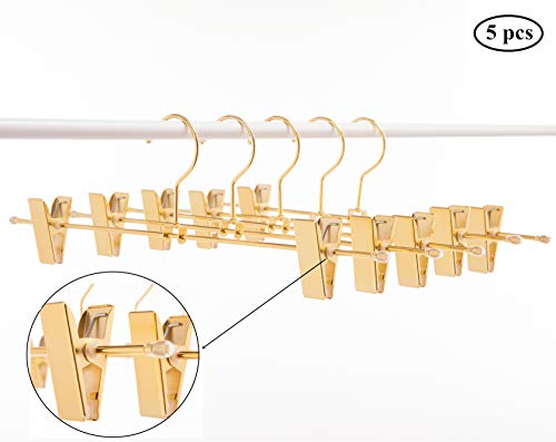 Product Cover Cocomaya 13 Inch Heavy Duty Shiny Gold Metal Slack Hanger, Pants Hanger, Skirt Hanger with 360° Rotatable Hooks and Adjustable Clips, Pack of 5