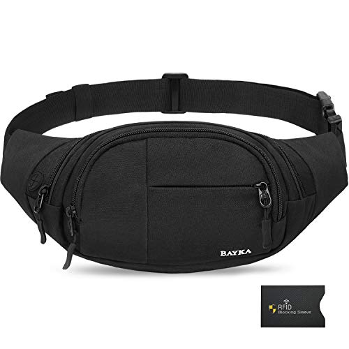 Product Cover BAYKA Fanny Pack for Men and Women, Water Resistant Fashion Waist Bag with Adjustable Belt and RFID Blocking Sleeve, 300D Polyester Waist Pack for Outdoor, Travel, Hiking, Running (Black)