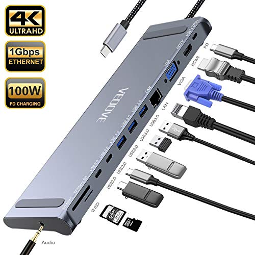 Product Cover USB C Hub HDMI Ethernet Adapter-VEOOVE 12in1 USB Type C Hub to HDMI 4K VGA for Samsung Dex Station, Universal Laptop Dock Station Hub with 100W PD Compatible MacBook Pro/2018 2017 2016/iPad/Air 2018