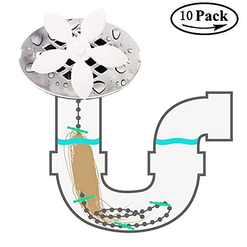 Product Cover Drain Hair Catcher, 10 Pack,Flower Shower Hair Cleaning Chain, Drain Clog Remover, Tool for Drain Cleaning, Bathroom Chain Hook, Hair Trap for Bathtub Kitchen (White-10)
