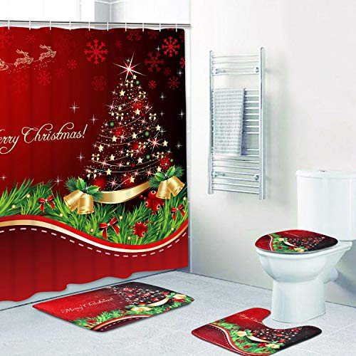 Product Cover 4 Pcs Merry Christmas Shower Curtain Sets with Non-Slip Rugs, Toilet Lid Cover, Bath Mat and 12 Hooks Xmas Tree Ball Snowflake Shower Curtain for Christmas Decoration