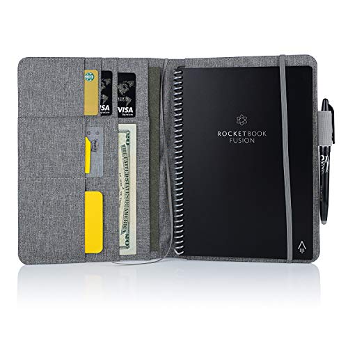 Product Cover Folio Cover for Rocketbook Fusion, Everlast, Wave, One Executive Size, Waterproof Fabric, Multi Organizer with Pen Loop, Business Card Holder, Ultra Slim, fits A5 Size Notebook, 9.4 x 6.3 inch, Gray