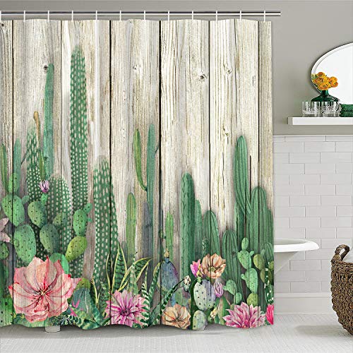 Product Cover Cactus Shower Curtain Wooden Board Shower Curtain with 12 Hooks, Cacti Tropical Succulent Shower Curtain Blossom Plant Flowers Bathroom Shower Curtains