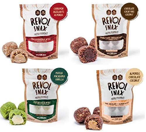Product Cover New! Revol Snax Coconut Bites, Keto Snacks - Low Carb High Fat, 1g Net Carb, Clean Ingredients - Fat Bomb, Diet Friendly Dessert (4 packs of 8-bites each- 32 total) (Variety Pack)