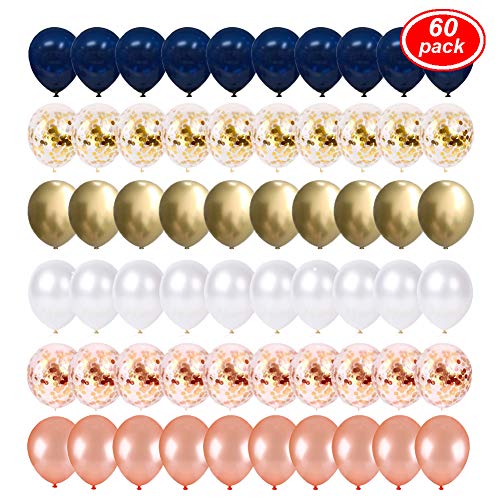 Product Cover Lsang Navy Blue and Gold Confetti Balloons, 60 pcs 12 inch Rose Gold/Pearl White and Gold Metallic Chrome Birthday Balloons for Birthday Party Wedding Baby Shower Decorations