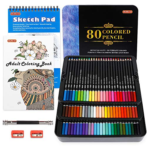 Product Cover 80 Colors Professional Colored Pencils, Shuttle Art Soft Core Pencil Set with 1 Coloring Book,1 Sketch Pad, 2 Sharpener, 1 Pencil Extender, Perfect Set for Artists Adult Beginners
