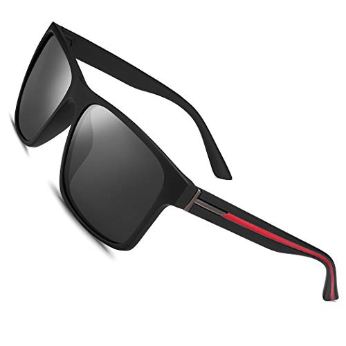 Product Cover Polarized Sunglasses for Men Women Driving Fishing Mens Sunglasses Rectangular Vintage Sun Glasses Grey Lens/Matte Black Frame Red Strip