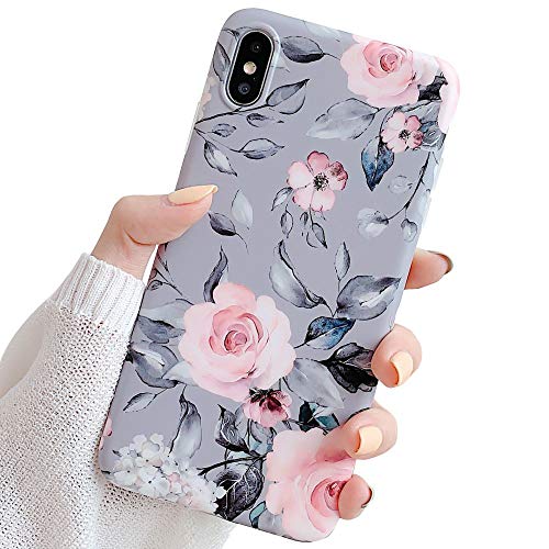 Product Cover YeLoveHaw iPhone Xs Case for Girls, Flexible Soft Slim Fit Full-Around Protective Cute Shell Phone Case Cover with Purple Floral and Gray Leaves Pattern for iPhone X/XS 5.8 Inch (Pink Flowers)