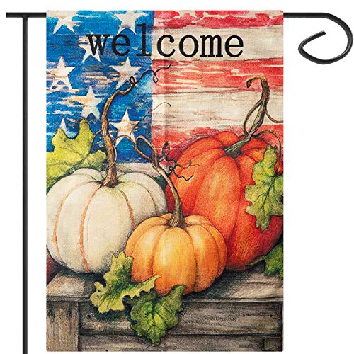 Product Cover Apipi 18 x 12 Inch Welcome Fall Garden Flag- Double Sided Patriotic Decorative Thanksgiving Autumn Harvest Pumpkin House Flag, Rustic Country Burlap Garden Yard Flag for Home Seasonal Outdoor Decor