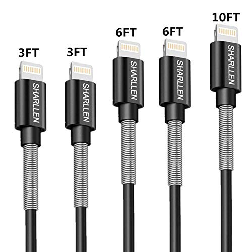 Product Cover iPhone Cable,Sharllen Metal Spring iPhone Charger Cable MFi Certified Lightning Cable 3/3/6/6/10FT Long Charging&Syncing iPhone Charging Cord Compatible iPhone Xs/Max/Xr/X/8/8Plus/7P/7/iPad (B-10FT)