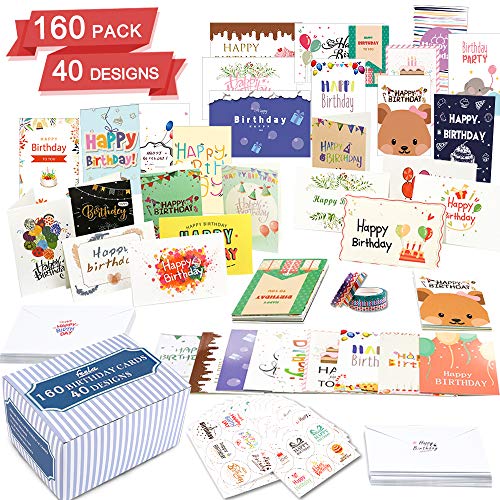 Product Cover Birthday Card, 160 Pack 40 Designs Happy Birthday Card Assorted Bulk with 160 Blank Envelopes 168 Pieces of Stickers 6 Washi Tapes, Feela 4 X 6 Inches Greeting Cards For Girls Family Friends