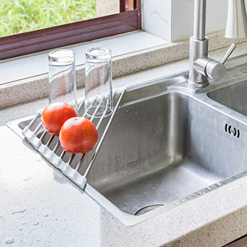 Product Cover Roll Up Dish Drying Rack for Sink Corner, Triangle Heavy Duty Heat Resistant Over the Sink Drying Rack Roll-Up Drainer Mat with White Silicone Grips and Stainless Steel Pipes, 17.5x9.2 inch