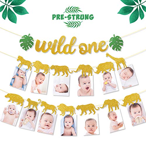 Product Cover Safari Jungle Animal 1st Birthday Banner Wild One Garland Gold First Year Photo Banner Baby Kid DIY Zoo Party Decorations