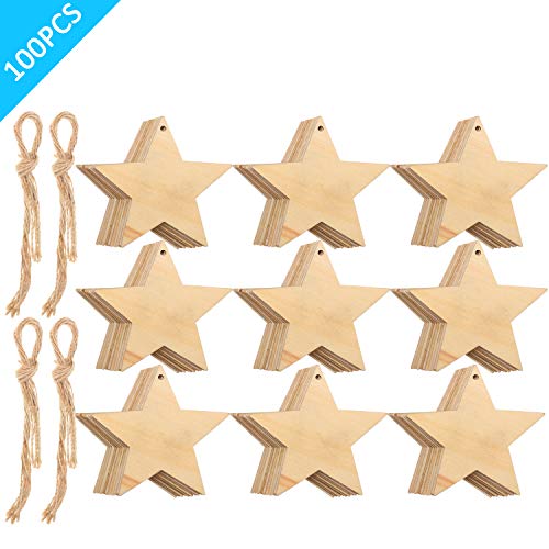 Product Cover Tatuo Wooden Star Cutouts Christmas Star Wooden Ornaments Hanging Ornaments with Ropes for Embellishments, Wedding, DIY, Craft, Festival (100 Pieces)