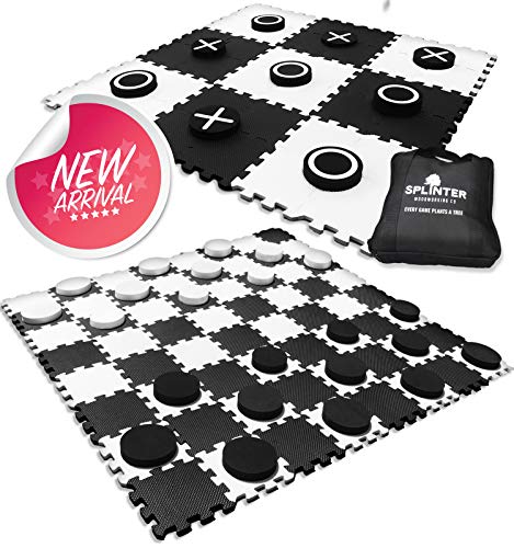 Product Cover 2-in-1 Reversible Giant Checkers & Tic Tac Toe Game | 4ft x 4ft | 100% High Density EVA Foam Mat & Pieces | Extra Large Checker Discs with Jumbo Checkerboard & Yard Size Tic Tac Toss Set