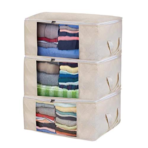 Product Cover Awekris Foldable Storage Bag, Set of 3 Large Foldable Clothes Organizer Clear Window & Carry Handles, Great for Clothes, Blankets, Closets, Bedrooms and More (Beige)