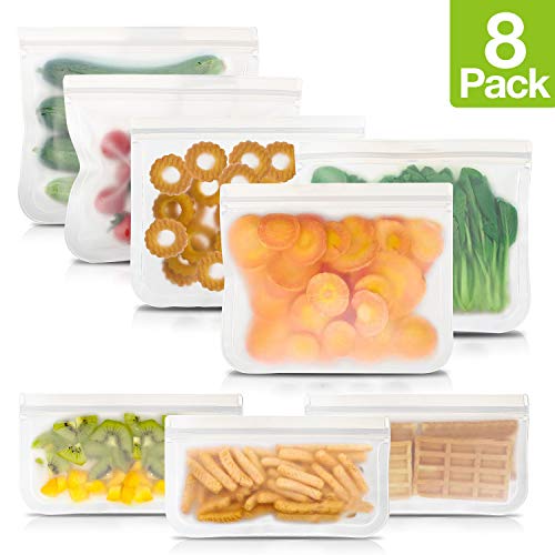 Product Cover Reusable Ziplock Sandwich Snack Bags - Sandwich Snack Container DOUBLE ZIPPER Utra Leakproof Extra Thick BPA Free Reusable PEVA Storage Freezer Bag Kid Lunch Food Container Multipack (8 Pack, White)