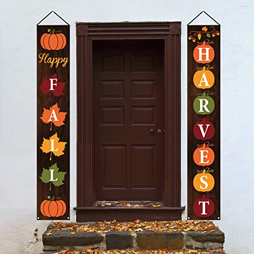 Product Cover Mosoan Happy Fall Porch Sign - Fall Decorations Outdoor Indoor - Happy Fall Harvest Banner Sign - Fall Autumn Thanksgiving Party Yard Front Door Hanging Decor