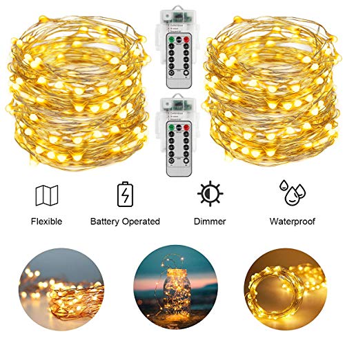 Product Cover AllezDuck Fairy Lights, 66Ft 200LED Battery Operated Sliver Wire String Lights Waterproof 8 Modes LED Lighting String with Remote Control for Christmas Wedding Party Home Decoration, Warm White
