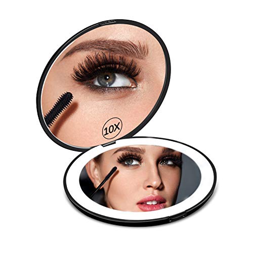Product Cover New Lighted Travel Makeup Mirror, Round 1x/10x Double Sided Magnification - Daylight LED, Folding Pocket Illuminated Mirror for Makeup Bag Compact Portable Cosmetic Mirror With Battery