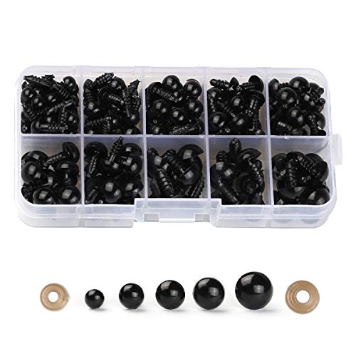 Product Cover 180PCS 6mm-12mm Solid Black Eyes with Washers, Sewing for DIY of Puppet, Plush Animal Making and Teddy Bear