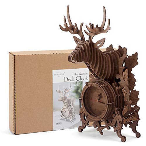 Product Cover 3D Wooden Puzzles Model Building Kit for Adults and Kids Christmas Reindeer Desk Clock Wall Mountable -52 Jigsaws