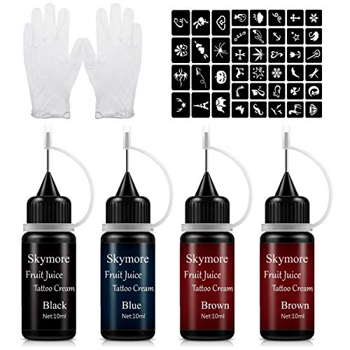 Product Cover Skymore Fruit juice tattoo cream set, 1 bottle of transparent fruit juice tattoo cream, 2 bottles of brown tattoo cream, 1 bottle of black tattoo cream, 1 large template, 1 pair of gloves