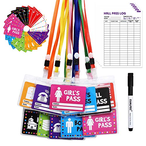 Product Cover Cualfec Hall Pass for School Adorable Designs for Kids Favor with Bonus Hall Pass Log and Blank DIY Cards Waterproof Kit - 12 Sets