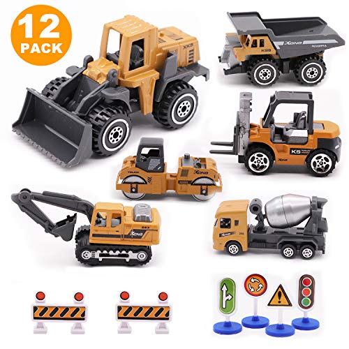 Product Cover Alloy Construction Engineering Vehicle Toys set 12 PACK Stacker,Big forklift,Heavy duty roller,excavator,Heavy transport vehicle,Engineering mixer, Construction Traffic Sign mini Set for Kids Boys