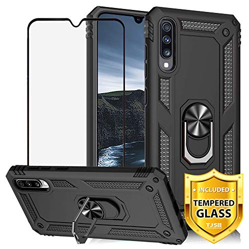 Product Cover TJS Phone Case for Samsung Galaxy A50 2019, with [Full Coverage Tempered Glass Screen Protector][Impact Resistant][Defender][Metal Ring][Magnetic Support] Heavy Duty Armor Protector Cover (Black)