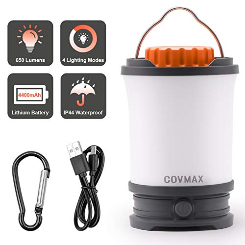 Product Cover COVMAX Rechargeable LED Camping Lantern, Ultra Bright 650 Lumens, 4 Light Modes, 4400mAh Power Bank, IPX44 Waterproof, Perfect for Hiking, Camping, Emergency, Fishing, Night Working and More