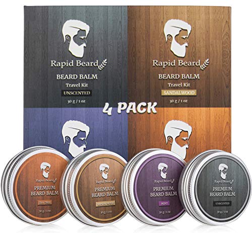 Product Cover Beard Balm Conditioner 4 Pack - Natural Variety Leave-in Conditioner Wax Butter Stocking Stuffers Gift Set for Men - Unscented, Sandalwood, Tea Tree & Mint - Styles, Strengthens, Softens Mustache kit