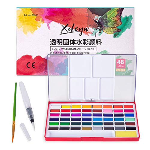 Product Cover Xileyw watercolor paint set-Includes 48 Assorted Premium Colors - 1 Water Brush - 1 Pinting brush - 1 sponge , for Artist kids portable travel sketch painting