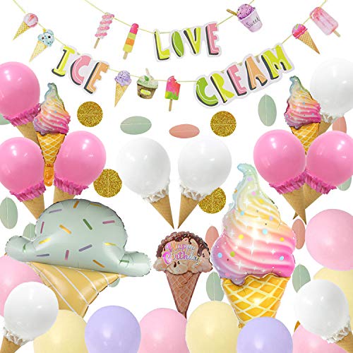 Product Cover Ice Cream Party Decorations - 62Pcs,Ice Cream Party Supplies with Ice Cream Banner,DIY Ice Cream Balloons,Ice Cream Mylar Balloons,Pastel Balloons for Summer Girls Kids Birthday Party Baby Show Decorations