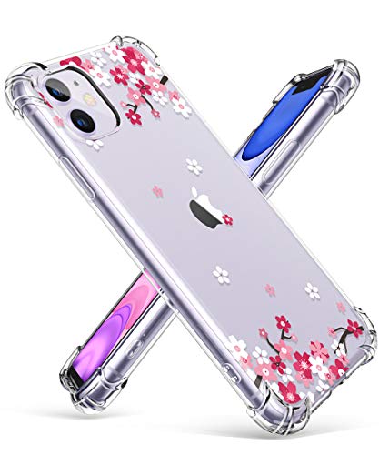 Product Cover GVIEWIN iPhone 11 Case, Clear Flower Design Soft & Flexible TPU Ultra-Thin Shockproof Transparent Bumper Protective Floral Cover Case for iPhone 11 6.1 Inch 2019 (Peach Blossom/Pink)