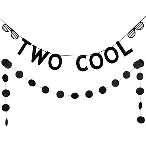 Product Cover Black Glittery Two Cool Banner and Black Glittery Circle Dots Garland,2nd Birthday Party Banner Decorations
