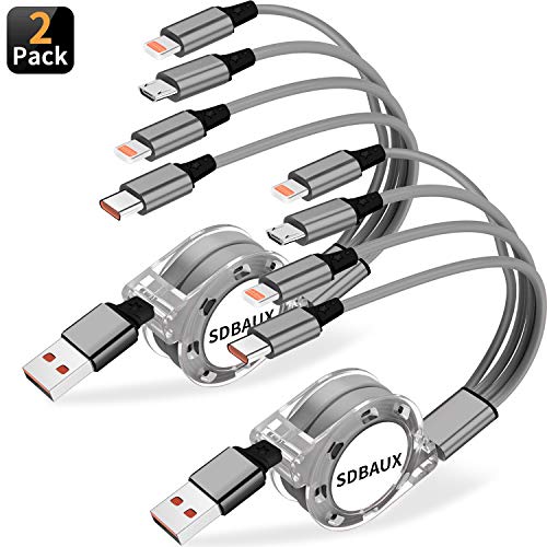 Product Cover SDBAUX 3A Multi USB Charger Cable Retractable 4 in 1 Multiple Charging Cord Adapter with Phone2 Type C Micro USB Port Connectors Compatible Cell Phones Tablets Universal Use (3.3FT/2pack)